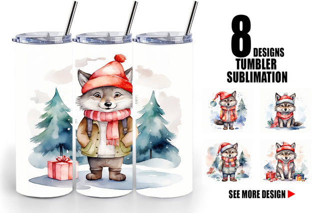 Tumbler Wrap Watercolor Christmas Wolf Sublimation artnoy 