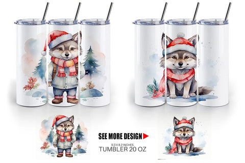 Tumbler Wrap Watercolor Christmas Wolf Sublimation artnoy 