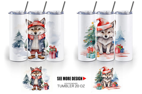 Tumbler Wrap Watercolor Christmas Wolf Sublimation artnoy 
