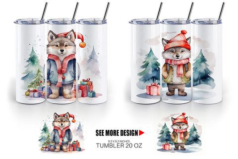 Tumbler Wrap Watercolor Christmas Wolf Sublimation artnoy 