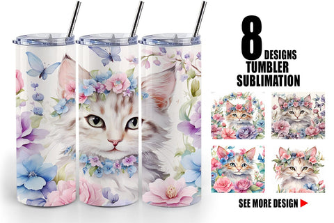 Tumbler Wrap Watercolor Floral Cat Sublimation artnoy 