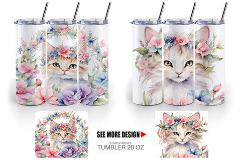 Tumbler Wrap Watercolor Floral Cat Sublimation artnoy 