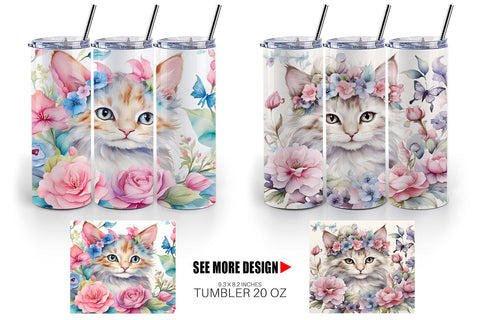 Tumbler Wrap Watercolor Floral Cat Sublimation artnoy 