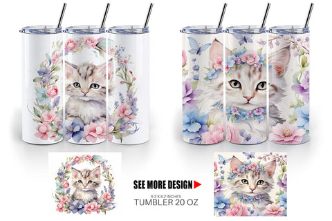 Tumbler Wrap Watercolor Floral Cat Sublimation artnoy 