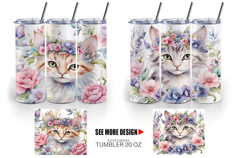 Tumbler Wrap Watercolor Floral Cat Sublimation artnoy 