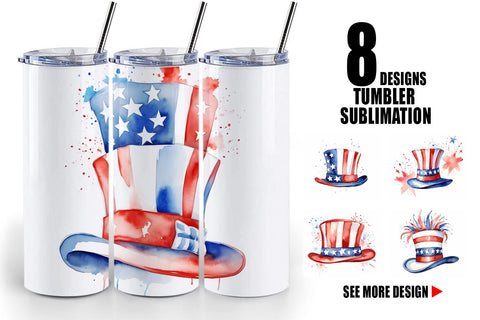 Tumbler Wrap Watercolor Hat Patriotic Sublimation artnoy 