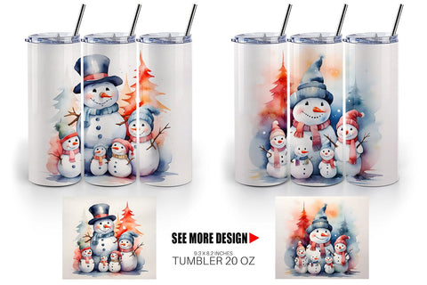 Tumbler Wrap Watercolor Snowman Family Sublimation artnoy 