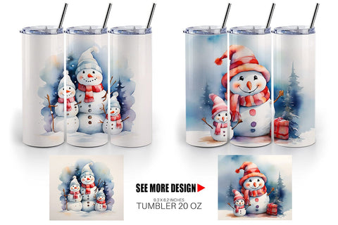 Tumbler Wrap Watercolor Snowman Family Sublimation artnoy 