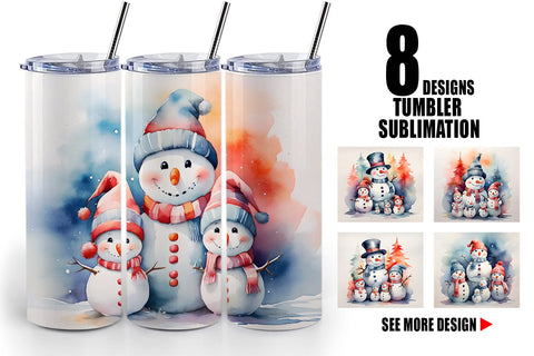 Tumbler Wrap Watercolor Snowman Family Sublimation artnoy 