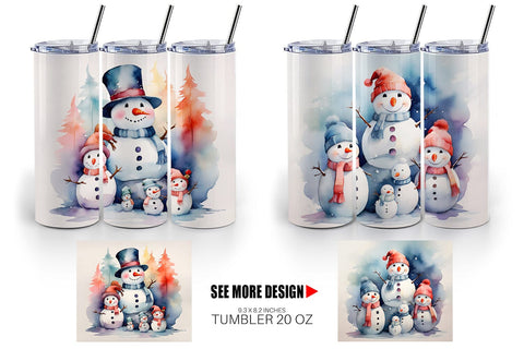 Tumbler Wrap Watercolor Snowman Family Sublimation artnoy 