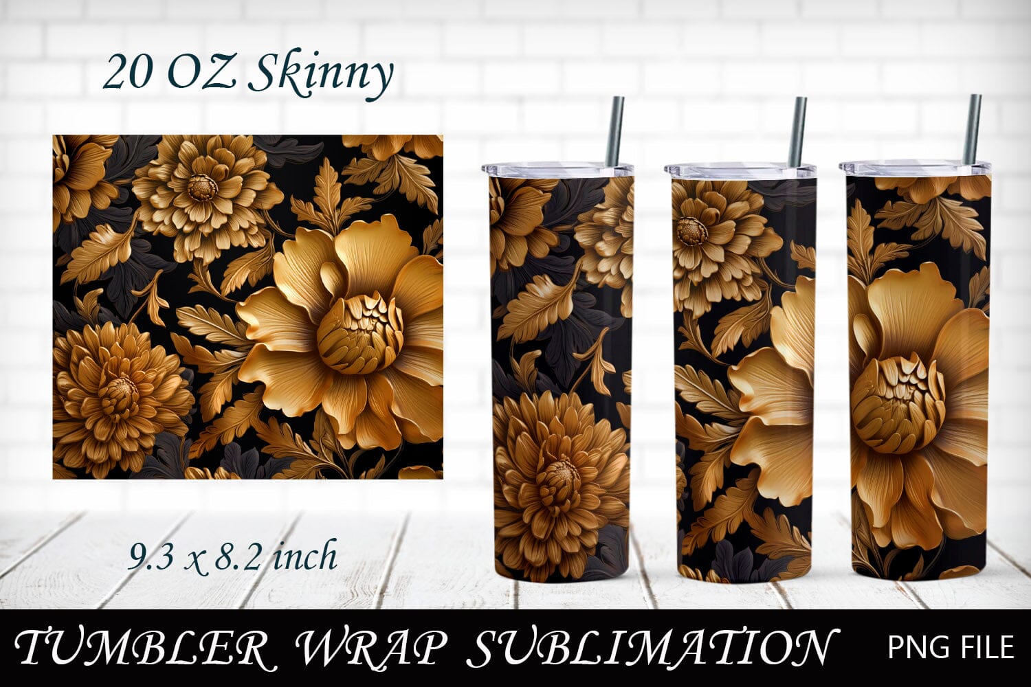 Flower Tumbler, Aesthetic Floral Straight Skinny Tumbler, Aesthetic Floral  Gold Agate Sublimation Wrap Skinny Tumbler