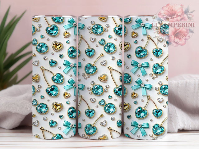 Turquoise Cherry Luxe 20oz Tumbler, Turquoise Theme, Cherry Motif, Luxury Style, Elegant Design, Whimsical Charm, Skinny Tumbler, Sublimation PNG Sublimation Li Zamperini 