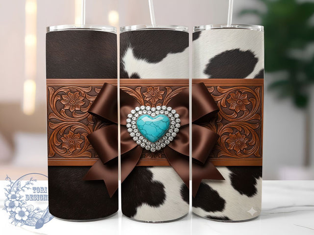 Turquoise Cowhide Heart Tumbler, Heart Gem Tumbler, Coquette Bow 20oz Wrap, Sublimation Design, Stylish Gift Idea, Tooled Leather Wrap, Western Cowhide Tumbler Sublimation ToriDesigns 