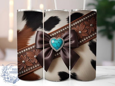 Turquoise Cowhide Heart Tumbler, Heart Gem Tumbler, Coquette Bow 20oz Wrap, Sublimation Design, Stylish Gift Idea, Tooled Leather Wrap, Western Cowhide Tumbler Sublimation ToriDesigns 