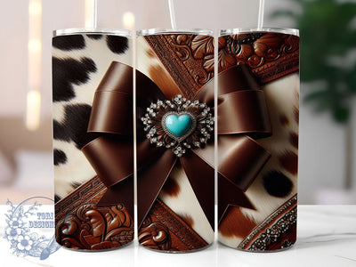 Turquoise Cowhide Heart Tumbler, Heart Gem Tumbler, Coquette Bow 20oz Wrap, Sublimation Design, Stylish Gift Idea, Tooled Leather Wrap, Western Cowhide Tumbler Sublimation ToriDesigns 