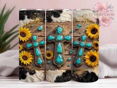 Turquoise Cross Cowhide 20oz Tumbler, Cross Design, Turquoise Motif, Cowhide Pattern, Western Style, Rustic Charm, 20oz Wrap, Sublimation Tumbler Sublimation Li Zamperini 