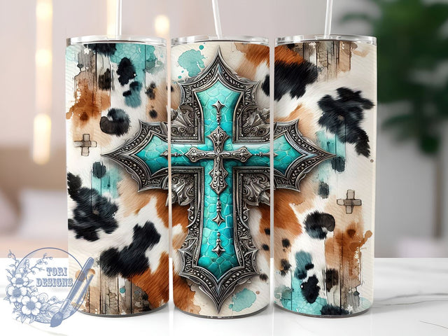 Turquoise Cross Western 20oz Skinny Tumbler, Western Tumbler Png, Straight & Tapered Tumbler Wrap, Instant Digital Download Sublimation ToriDesigns 