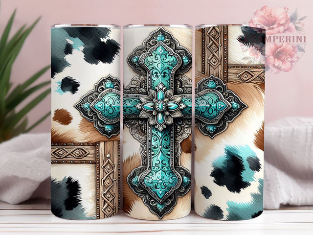 Turquoise Cross Western 20oz Tumbler Wrap PNG, Western Tumbler Png, Straight & Tapered Tumbler Wrap, Instant Digital Download Sublimation Li Zamperini 