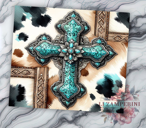 Turquoise Cross Western 20oz Tumbler Wrap PNG, Western Tumbler Png, Straight & Tapered Tumbler Wrap, Instant Digital Download Sublimation Li Zamperini 