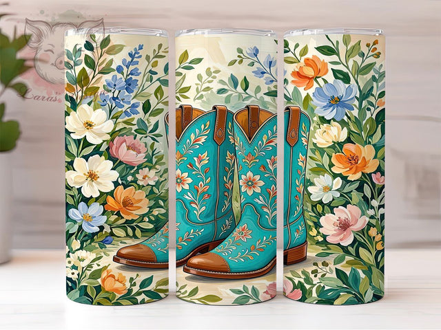 Turquoise Floral Boots 20oz Tumbler, Turquoise Theme, Floral Motif, Boots Design, Western Style, Rustic Charm, Skinny Tumbler, Sublimation PNG Sublimation Lara' s Designs 