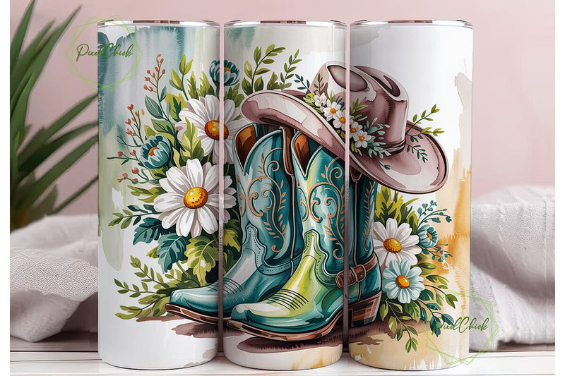 Turquoise Floral Cowboy Boots Tumbler Sublimation PixelChick 