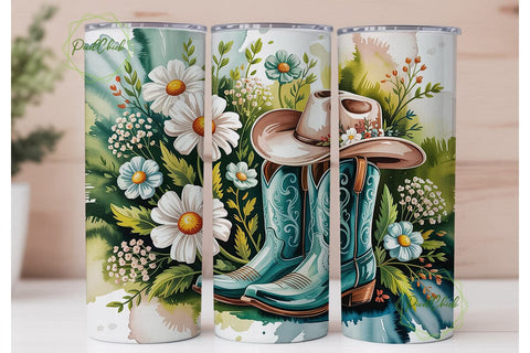 Turquoise Floral Cowboy Boots Tumbler Sublimation PixelChick 