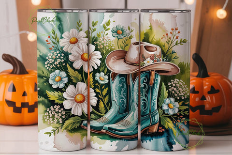 Turquoise Floral Cowboy Boots Tumbler Sublimation PixelChick 
