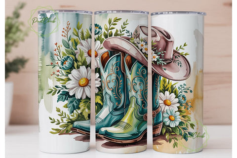 Turquoise Floral Cowboy Boots Tumbler Sublimation PixelChick 