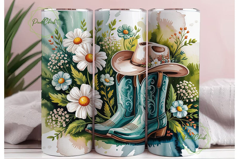 Turquoise Floral Cowboy Boots Tumbler Sublimation PixelChick 