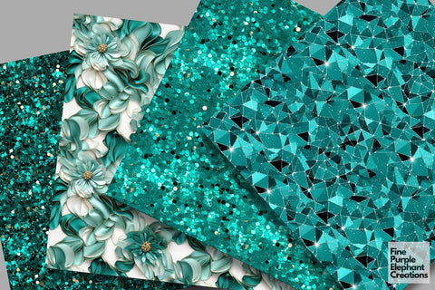 Turquoise Glam Digital Paper | Luxury Glitter Art Deco Digital Pattern Fine Purple Elephant Creations 