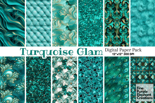 Turquoise Glam Digital Paper | Luxury Glitter Art Deco Digital Pattern Fine Purple Elephant Creations 