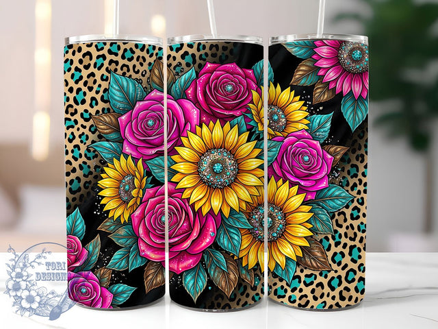 Turquoise Glam Sunflower Roses 20oz Tumbler, Sunflower Rose Motif, Turquoise Art Design, Glam Theme, Elegant Accent, Bold Charm, Sublimation Wrap, 20oz Tumbler Sublimation ToriDesigns 