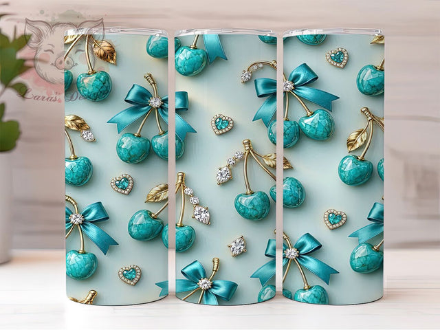 Turquoise Gold Cherry Jewelry 20oz Tumbler, Turquoise Gold, Cherry Jewelry, Elegant Design, Sublimation Wrap, 20oz Tumbler, Luxury Aesthetic, Glamorous Charm Sublimation Lara' s Designs 