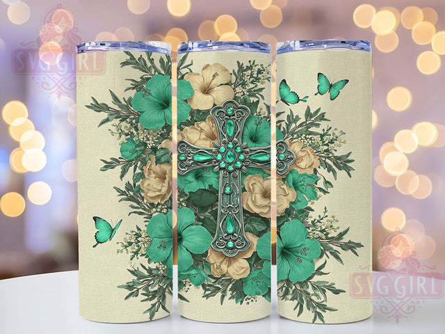Turquoise Ornate Cross Tumbler, Ornate Cross Wrap, 20oz Sublimation Design, Religious Tumbler, Boho Cross Tumbler, Turquoise Cup Wrap, Western Cross Tumbler Sublimation SvggirlplusArt 
