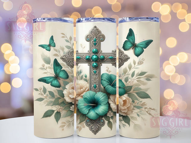 Turquoise Ornate Cross Tumbler, Ornate Cross Wrap, 20oz Sublimation Design, Religious Tumbler, Boho Cross Tumbler, Turquoise Cup Wrap, Western Cross Tumbler Sublimation SvggirlplusArt 