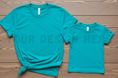 Turquoise t-shirt mockup design for adult and child Mock Up Photo Regulrcrative 