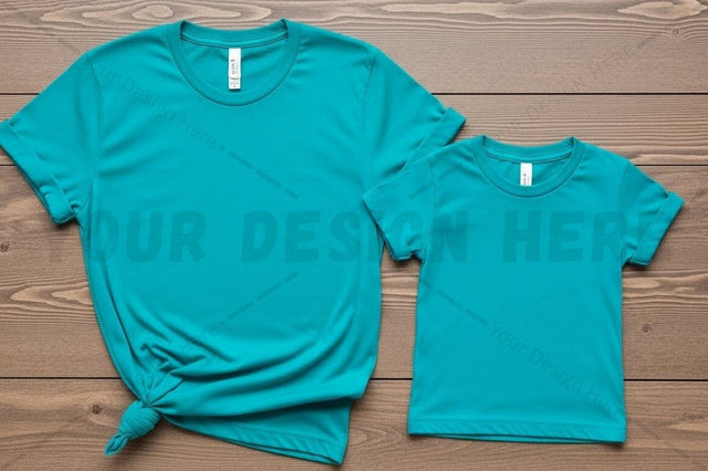 Turquoise t-shirt mockup design for adult and child Mock Up Photo Regulrcrative 