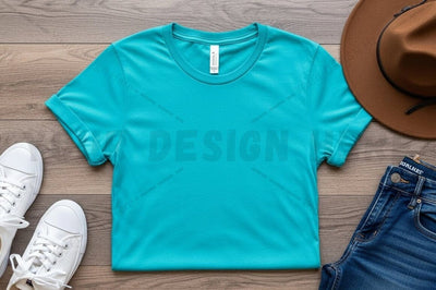 Turquoise t-shirt mockup design with casual accessories Mock Up Photo Regulrcrative 
