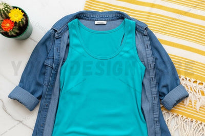Turquoise t-shirt mockup with denim jacket Mock Up Photo Regulrcrative 
