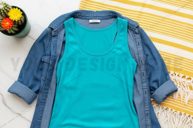 Turquoise t-shirt mockup with denim jacket Mock Up Photo Regulrcrative 
