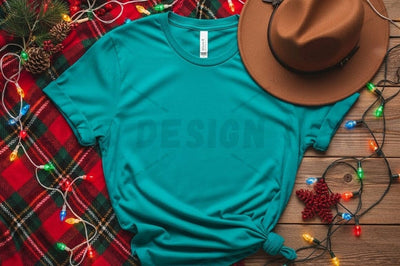 Turquoise t-shirt mockup with holiday decorations Mock Up Photo Designangry 