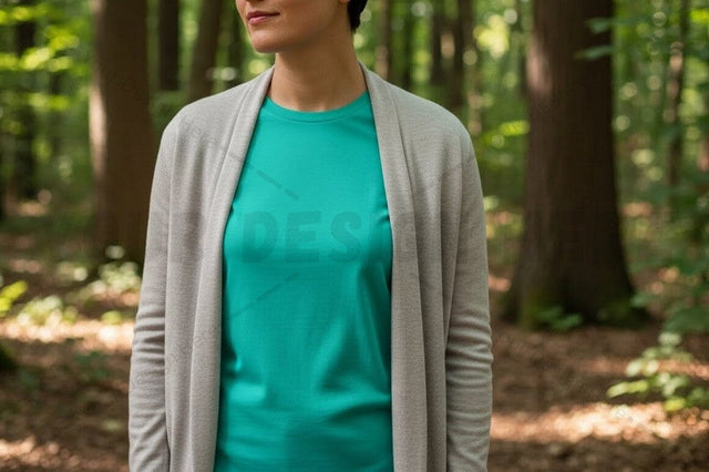 Turquoise t-shirt with gray cardigan in forest setting Mock Up Photo Designangry 