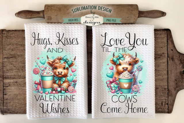 Turquoise Valentine Highland Cows Sublimation Towel Designs Sublimation Ewe-N-Me Designs 