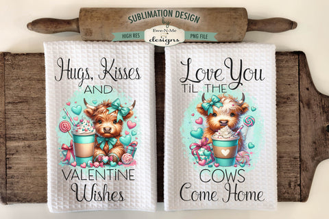 Turquoise Valentine Highland Cows Sublimation Towel Designs Sublimation Ewe-N-Me Designs 