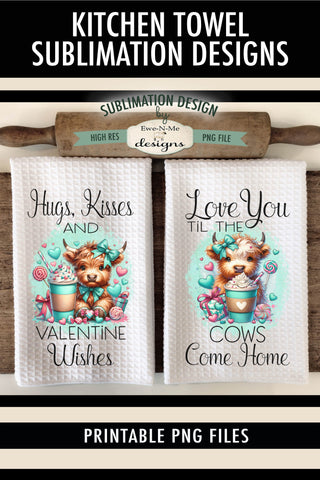 Turquoise Valentine Highland Cows Sublimation Towel Designs Sublimation Ewe-N-Me Designs 