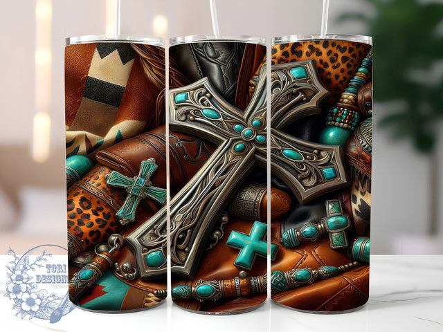 Turquoise Western Cross Tumbler, Faith Tumbler, Turquoise 20oz Wrap, Sublimation Design, Stylish Gift Idea, Christian Cross Wrap, Spiritual Western Tumbler Sublimation ToriDesigns 