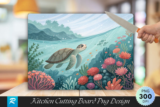 Turtle and Vibrant Coral Flowers Cutting Board PNG Design Sublimation Regulrcrative 