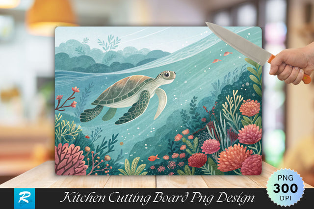Turtle and Vibrant Coral Flowers Cutting Board PNG Design Sublimation Regulrcrative 