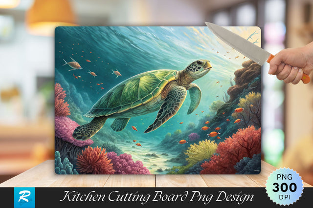 Turtle Gliding Through Coral Waters Cutting Board PNG Design Sublimation Regulrcrative 