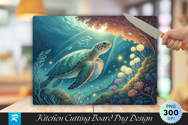 Turtle in Tranquil Waters with Glowing Marine Patterns Cutting Board PNG Design Sublimation Regulrcrative 